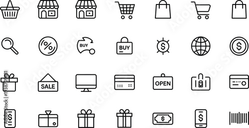 Shopping and e-commerce line icon set isolated on white background
