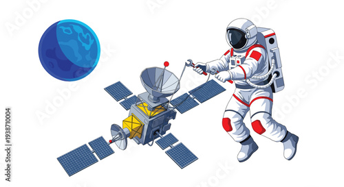 A white-suited astronaut works on a grey satellite with solar panels, floating beside a smooth blue planet in space.