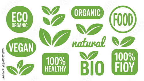 Organic and natural eco-friendly food labels isolated on white background