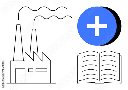 Industry concept. Factory icon industrial growth, blue plus symbol for healthcare, and open book education. Industry ties to progress, healthcare, and education. For learning, development