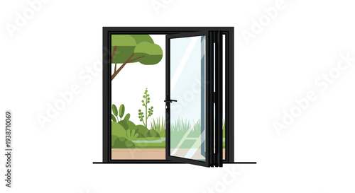 A partially open black-framed bi-fold glass door offers a clear view into a lush green garden with a prominent tree.