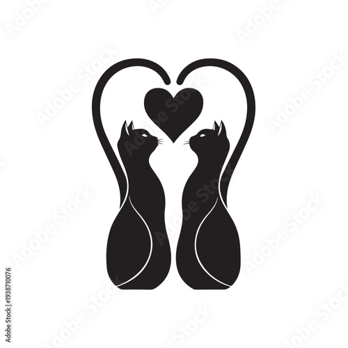 Two Stylized Cats Facing Each Other With A Heart In Between, Emphasizing Love And Unity Through Silhouette Artwork.
