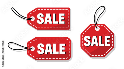 Red sale price tags with string isolated on white background
