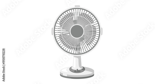 A clean white oscillating desk fan with a visible circular grille and central hub is positioned directly facing forward on a plain white background.