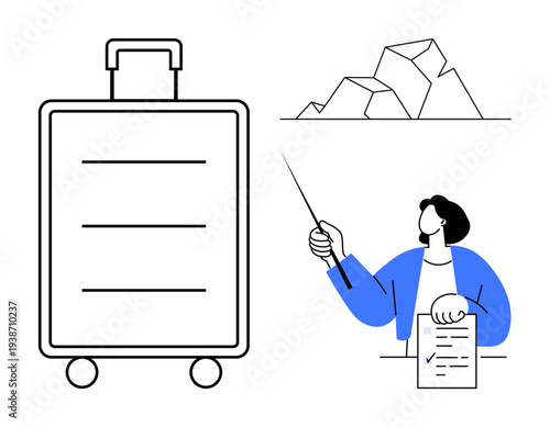 Rolling suitcase, folded map, and a person explaining trip details with a pointer. Ideal for traveling, tourism, logistics, education, planning storytelling vacation. Simple flat metaphor