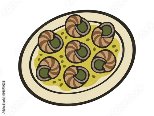 Escargots. Traditional French cuisine. Vector isolated illustration