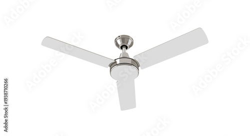 A modern three-bladed white ceiling fan with a polished metallic housing is mounted and viewed from a slight upward angle on a clean white background.