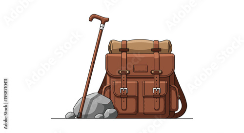 A vintage brown leather backpack with a rolled tan blanket on top stands beside a wooden walking stick and a small cluster of grey rocks on a clean white background.
