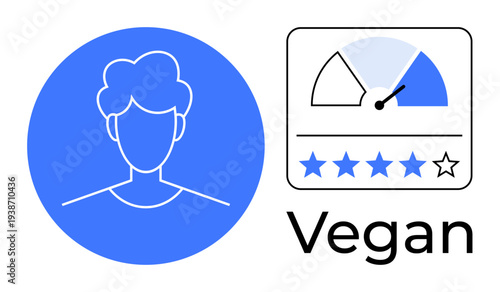 Vegan concept. Vegan ethical rating showcased with a user profile icon and star scale for consumer decisions. Vegan lifestyle appeals to sustainability initiatives. For apps, reviews, ethical