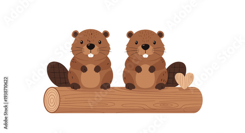 Two charming cartoon beavers with buck teeth are sitting side-by-side on a large cut log, accompanied by a small wooden heart on a white background.