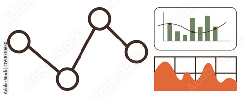 Data analysis, statistics, business intelligence, trends, charting, information tracking. Visuals include a line graph, bar chart and area plot. Data analysis and statistics concept