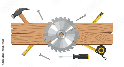 A collection of carpentry tools, including a circular saw blade, hammer, nails, measuring tapes, and a screwdriver, are arranged around a wooden plank on a white surface.