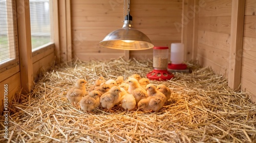 Chicks Gathering Under Heat Lamp in Poultry Farm