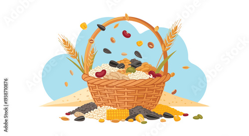 A rustic woven basket overflows with a rich variety of grains, seeds, and beans, including wheat stalks, with some spilling onto the ground against a blue cloud backdrop.