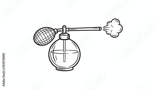 Vintage perfume bottle spraying mist, retro beauty accessory, elegant fragrance dispenser