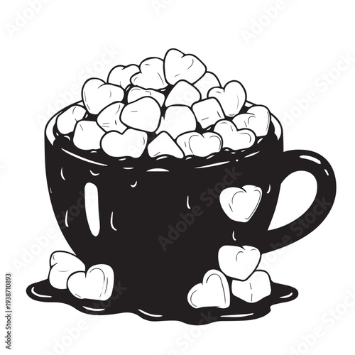 Cozy mug of hot chocolate overflowing with fluffy marshmallows in a dark cup.