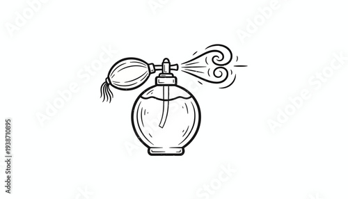 Vintage perfume bottle with atomizer spraying fragrance, hand-drawn illustration.