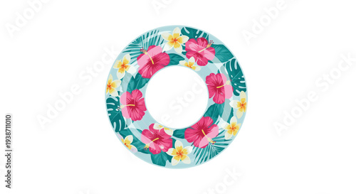 A single light blue inflatable swimming ring with a delicate tropical pattern of teal leaves, pink hibiscus flowers, and yellow plumeria blossoms is centered on a plain white background.