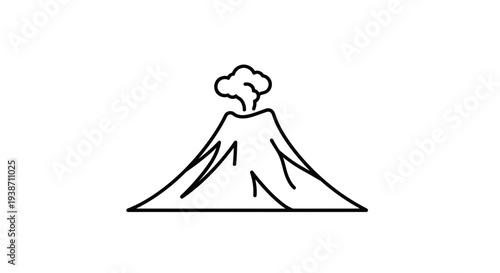 Volcano Eruption Icon: Simple Line Art of Active Volcano with Smoke Plume