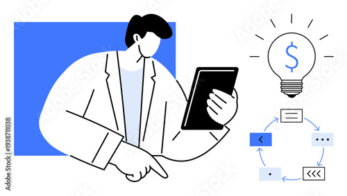 Business strategy, finance management, innovation, workflow visualization, decision-making, technology. Person holding a tablet and pointing. Business strategy and finance management concept