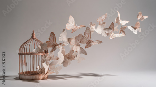 Paper butterflies flying out of an open cage on a grey background  