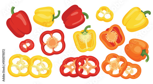 A diverse collection of whole and precisely sliced bell peppers in shades of red, yellow, and orange is meticulously arranged across a clean white surface.