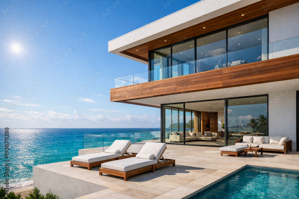 Fototapeta premium Modern Luxury Seaside Villa With Pool And Ocean View