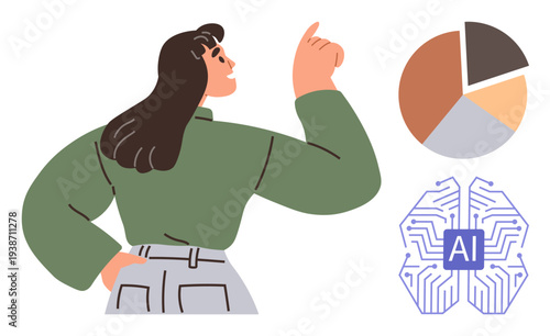 Technology, artificial intelligence, data analysis, innovation, science, business. A woman pointing upwards, accompanied by a neural network design and a pie chart. Technology and AI