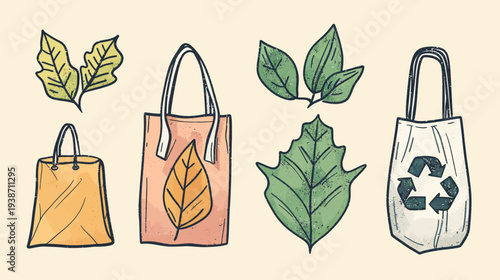 Hand-drawn illustrations featuring leaves and reusable tote bags, highlighting eco-friendly concepts