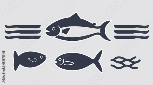 Various stylized illustrations of fish and wavy lines, arranged on a neutral grey background