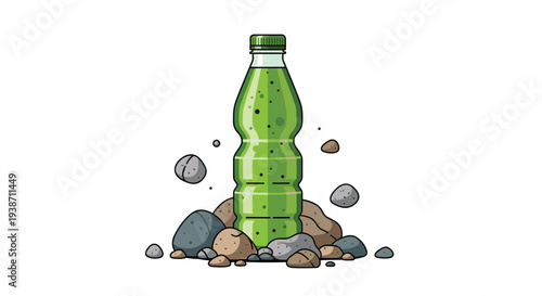 A tall, ribbed green plastic bottle containing a speckled green smoothie stands upright, surrounded by an assortment of natural rocks.