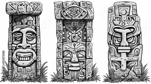 Stone tiki statues stand with varying expressions, in black and white illustrative style