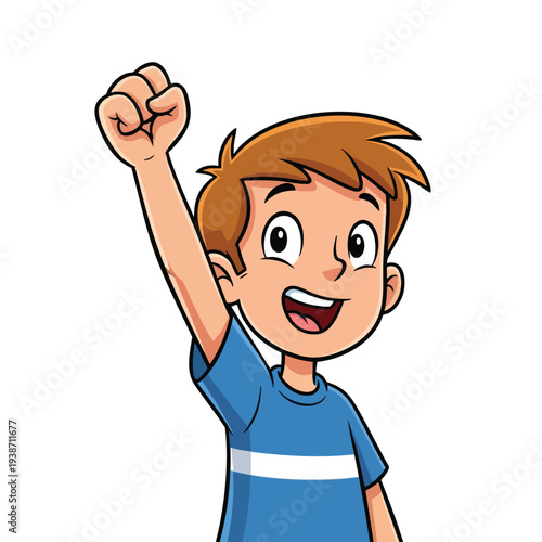 Happy Boy Celebrating with Raised Fist in a Bright and Cheerful Environment