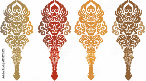 Four stylized, intricate faces on ornate staffs in gradient earth-tone color schemes