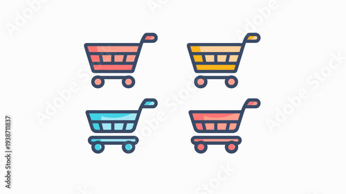 Four shopping carts of different colors on a white background