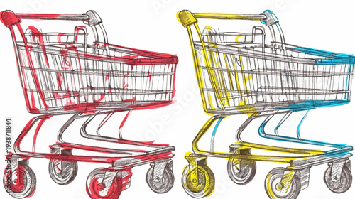Watercolor-style art of two shopping carts, one red and one yellow and cyan