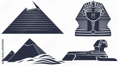 Silhouetted illustration showing an ancient civilization with pyramids and a sphinx
