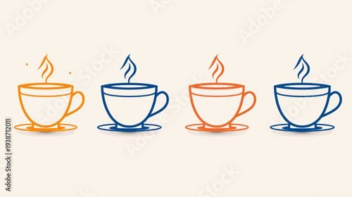 Four cups of steaming beverage in blue and orange outlines against a cream background