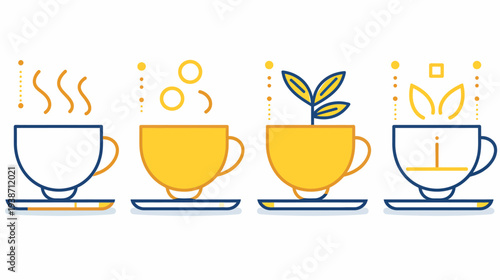 Four cups on saucers show tea stages steam, circles, plant, leaves in graphic style