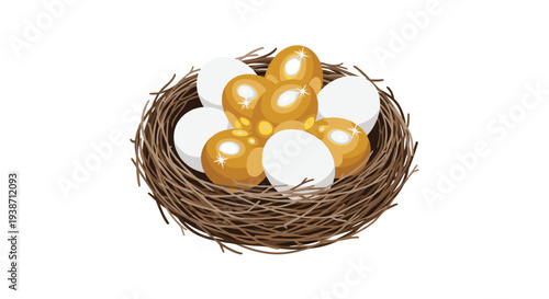 A bird's nest, woven from brown twigs, contains four golden eggs and four white eggs against a pure white background.