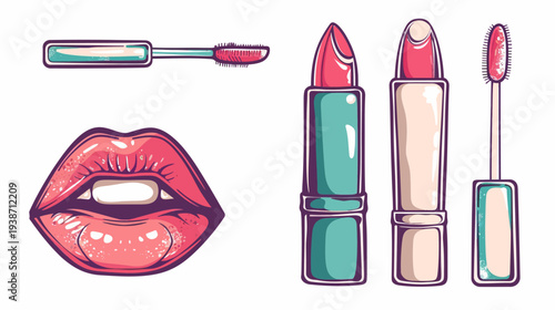Stylized illustration of open lips, lipsticks, and applicators, against white