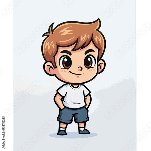 Cute Cartoon Boy Standing with Hands in Pockets Happy Expressions and Casual Clothing
