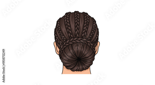 The back of a woman's head showcases a neat, dark brown braided bun with cornrow braids against a white background.