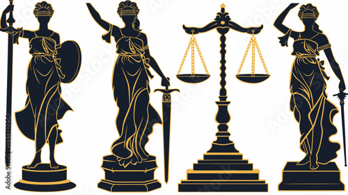 Silhouettes of Lady Justice figures, blindfolded, with sword, scales, and shield, in black and gold