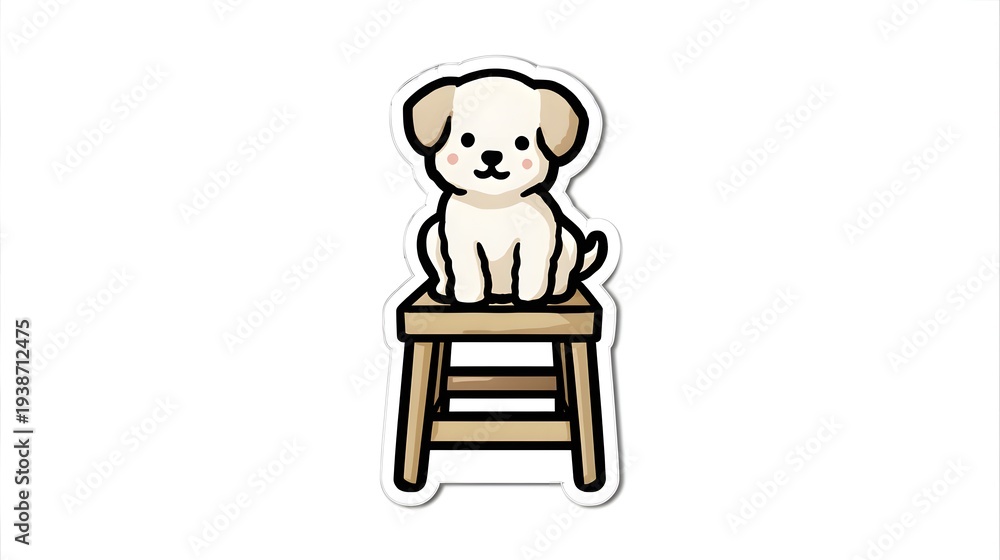 Fototapeta premium Cute Cartoon White Puppy Sitting on a Wooden Stool.