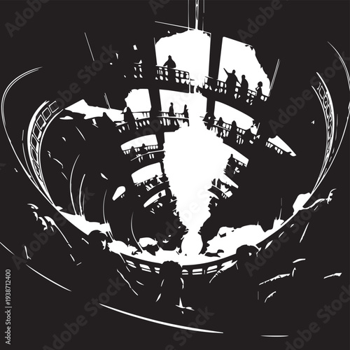 High-contrast black and white interior of a circular vaulted architecture with arches and dramatic perspective.