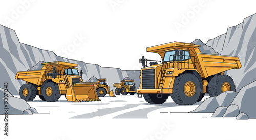 Four yellow pixel art mining dump trucks and one front loader operate within a grey rock quarry under a bright white sky.