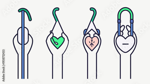Four sequential abstract illustrations of hands holding symbols, suggesting concepts