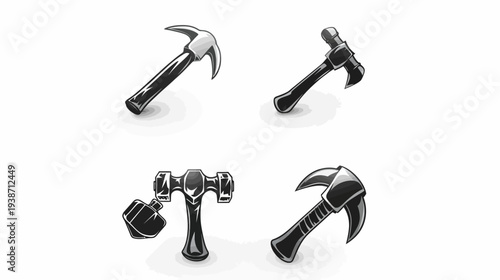 Collection of 4 stylized, grayscale hammers with exaggerated shapes