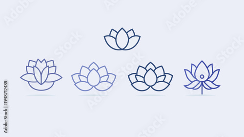 Five lotus flowers, line art, in blue hues, arranged over a pale background with subtle shadows